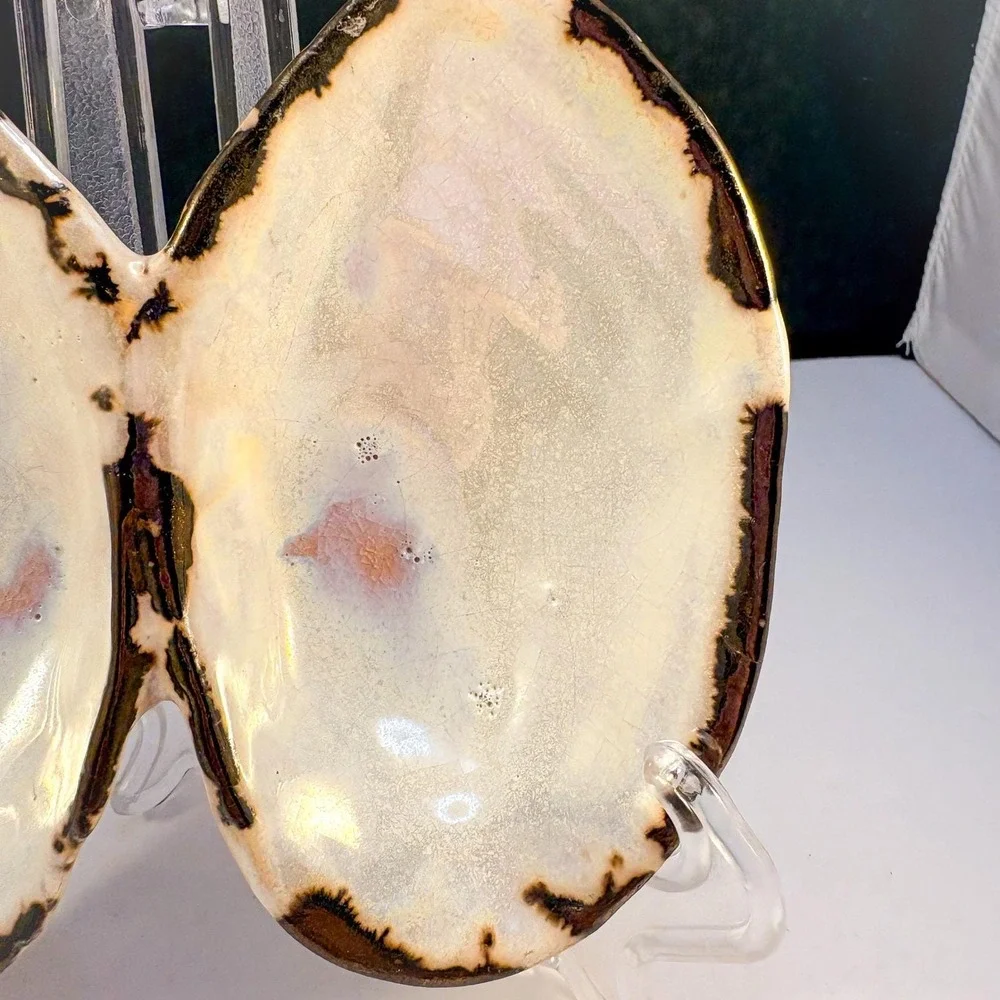 Iridescent Ceramic Clam Shell Style Divided Trinket Dish Decorative Bowl Trinket
